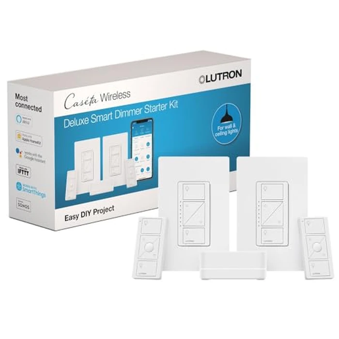 Lutron Caseta Original Smart Dimmer Switch Kit, 2 Dimmer Switches, 2 Wall Plates, 2 Pico Remotes, and Smart Hub, Works with Alexa, Apple Home, Google Home, 3 Way, 150W, No Neutral, P-BDG-PKG2W-A by Lutron - Used - Like New condition - US$183.38