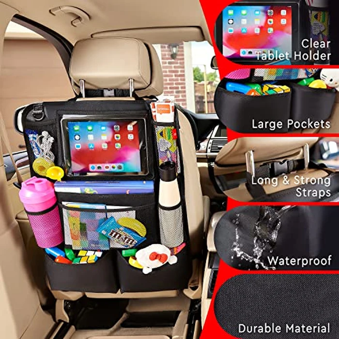 Helteko Backseat Car Organizer, Kick Mats Back Seat Protector with Touch Screen Tablet Holder, Back Seat Organizer for Kids, Travel Accessories with 9 Storage Pockets 2 Pack, Black by Helteko - Image 4