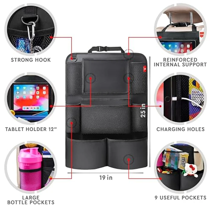 Helteko Backseat Car Organizer, Kick Mats Back Seat Protector with Touch Screen Tablet Holder, Back Seat Organizer for Kids, Travel Accessories with 9 Storage Pockets 2 Pack, Black by Helteko - Image 6