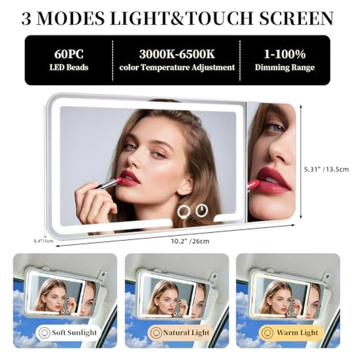 Car sun visor makeup mirror, equipped with 3x magnifying glass and three-color adjustable brightness soft light mirror, rechargeable, suitable for all models (White) by Generic - Image 2