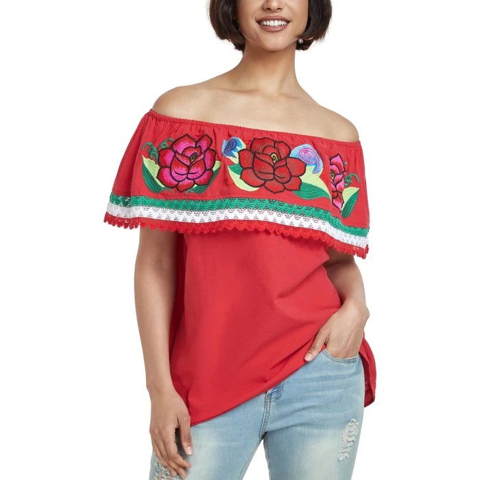 YZXDORWJ Women Mexican Embroidered Off-Shoulder Traditional Shirt Lace Ruffle Floral Blouse Falbala Top (L, 346RJ) by YZXDORWJ - Image 1
