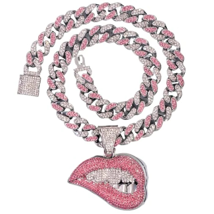 Iced Out Chain for Women Men, Cuban Link Chain, Hip Hop Pink Bite Lip Shape Pendant Necklace for Women with Bling Iced Out Silver Color Cuban Link Chain HipHop Necklace Jewelry (Silver plating, 24 Inches) by N-Made Beautifull - Used - Acceptable condition