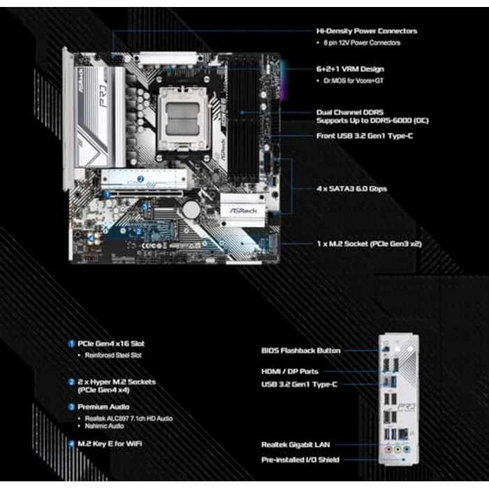 ASRock A620M Pro RS Socket AM5 Micro-ATX Motherboard, Supports AMD Ryzen 9000/8000/7000 Series, DDR5 7200+ (OC), 6+2+1 Power Phase, Dual M.2, Dual USB Type-C by ASRock - Image 3