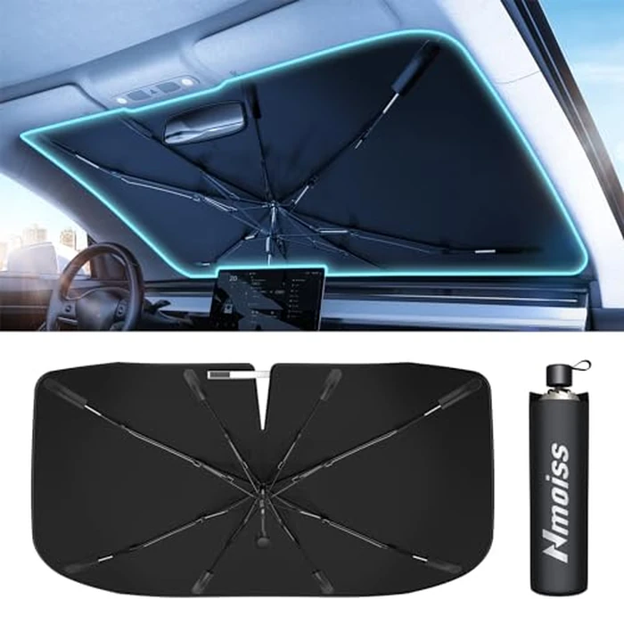[Upgraded] Nmoiss Windshield Sun Shade Umbrella - [Vinyl Coating Heat Shield] Protect Car from Sun Rays & Heat Damage Keep Cool and Protect Interior, Spring Structure Edge Medium 56" L x 31" W by Nmoiss - Used - Like New condition