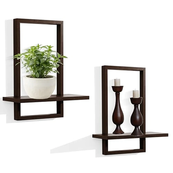 Floating Shelves for Wall，Square Storage Shelf Set of 2,Rustic Wood Home Decor Plants Hanging Display Chic for Living Room Bedroom Bathroom Office,Oak Frame,L+S,(Walnut by PHOENANCEE - Used - Very Good condition