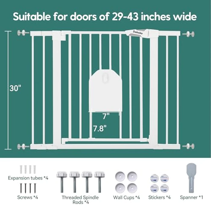 Babelio Baby Gate with Cat Door - 29-43" Adjustable Metal Safety Gates for Doorways & Stairs, Auto Close Dog Gate with Small Pet Door, Includes 4 Wall Cups and 3 Extension Pieces, White by Babelio - Image 5