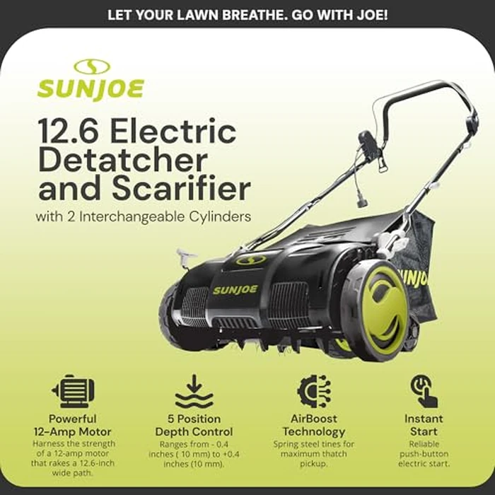 Sun Joe Corded Electric Dethatcher & Scarifier with 8-Gal Bag, 12.6-Inch Cutting Width, 12-Amp Motor - Heavy-Duty Yard Trimmer for Gardening Care and Lawn Maintenance, AJ801E by Sun Joe - Image 2