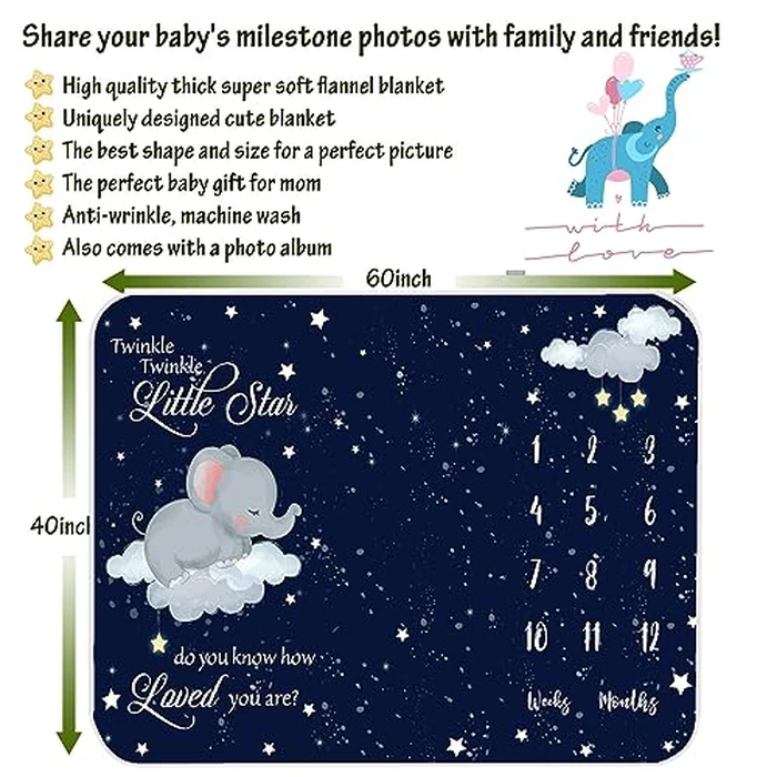 Baby Milestone Blanket - Baby Monthly Milestone Blanket for Boys Girls - Sleeping Elephant Twinkle Little Star - Neutral First Year Growth Months Chart - Premium Shower Gifts for Newborn 60"x40"(Dark Blue) by Jonnick - Image 3