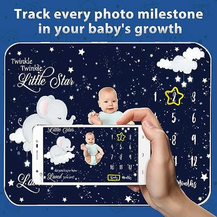 Baby Milestone Blanket - Baby Monthly Milestone Blanket for Boys Girls - Sleeping Elephant Twinkle Little Star - Neutral First Year Growth Months Chart - Premium Shower Gifts for Newborn 60"x40"(Dark Blue) by Jonnick - Image 6