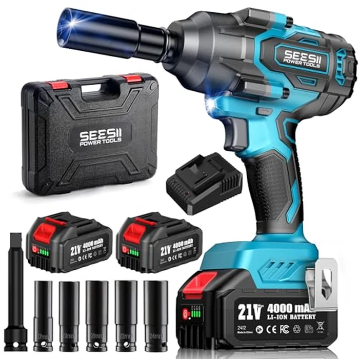 Seesii 1000N.m (738ft-lbs) Cordless Impact Wrench High Torque,1/2" Brushless Impact Gun w/Two 4.0Ah Battery,Fast Charger, 5 Sockets & Storage Case, Electric Impact Wrench for Car Truck,WH760 by Seesii - Image 1