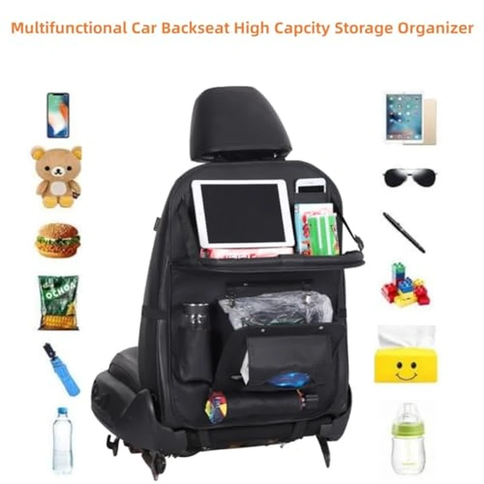 HURESON Upgraded Car Back Seat Organizer with Trash Can Foldable Table Tray Tissue Holder Backseat Car Organizer Kick Mats Back Seat Protector for Kids (Trash black 2pcs) by HURESON - Image 4