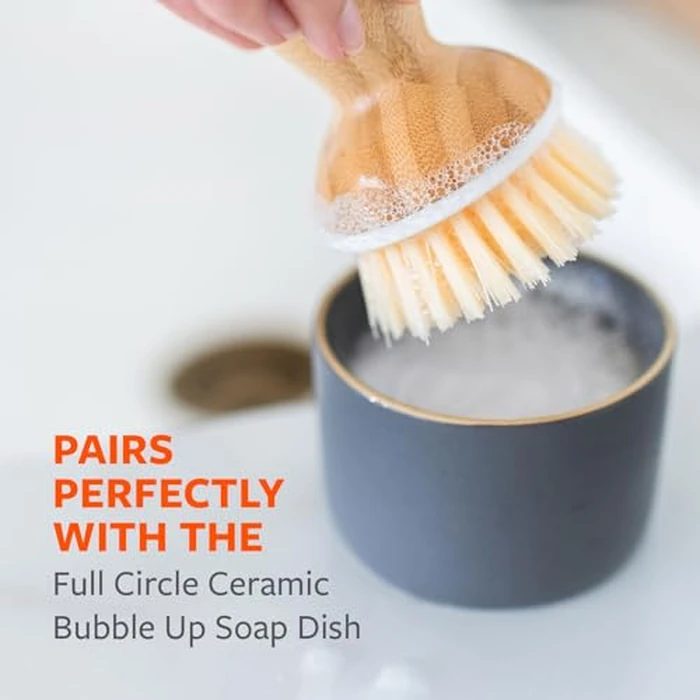 Full Circle Bubble Up Bamboo Dish Brush - Family Safe, Formaldehyde-Free - Ergonomic Palm Scrubber with Handle for Kitchen Cleaning, Dish Scrub Brush for Nonstick, Cast Iron & Sink, White by Full Circle - Used - Like New condition - US$6.85