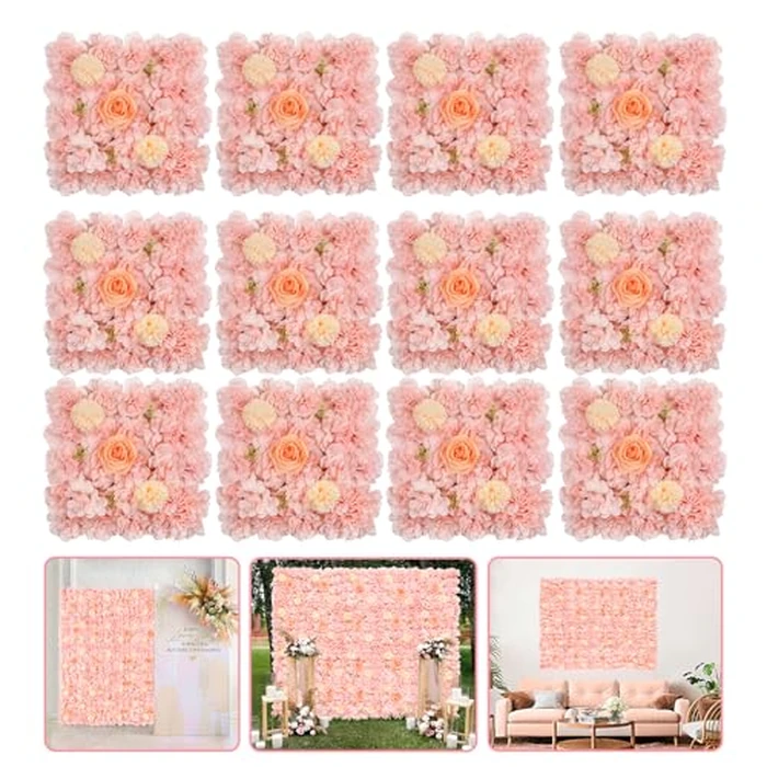 12 Pack Pink Flower Wall Panel 15 x 15 Inch Pink Artificial Flower Wall Backdrop Wedding Floral Background for Baby Bridal Shower Birthday Photoshoot Decoration by LJIE-House - Image 2