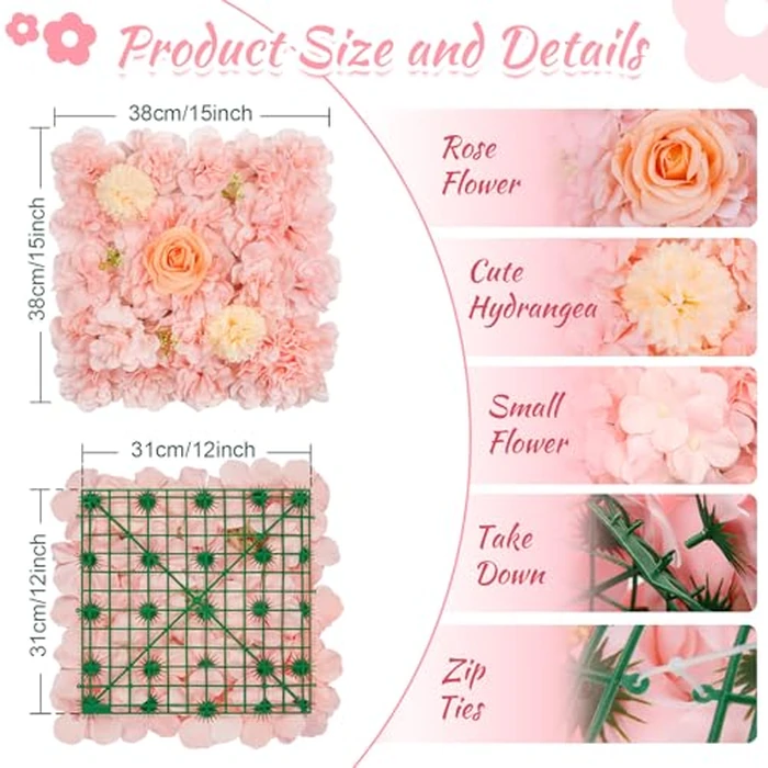 12 Pack Pink Flower Wall Panel 15 x 15 Inch Pink Artificial Flower Wall Backdrop Wedding Floral Background for Baby Bridal Shower Birthday Photoshoot Decoration by LJIE-House - Image 4