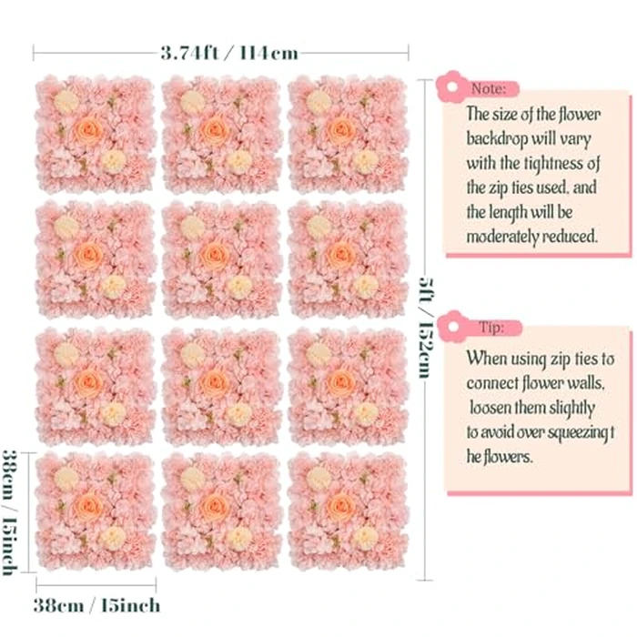 12 Pack Pink Flower Wall Panel 15 x 15 Inch Pink Artificial Flower Wall Backdrop Wedding Floral Background for Baby Bridal Shower Birthday Photoshoot Decoration by LJIE-House - Image 7