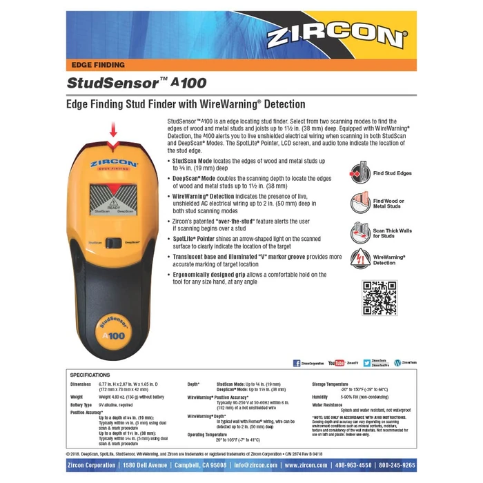 Zircon StudSensor A100 Stud Finder and Wall Scanner - Edge Locating Stud Detector with WireWarning AC Detection - Easy-to-Read Display and Ergonomic Grip for Home and Professional Use by Zircon - Image 7