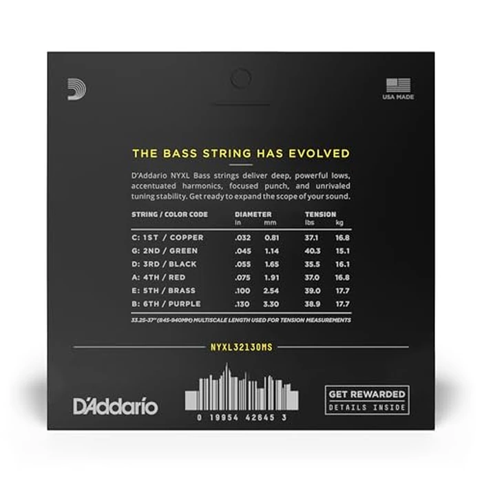D'Addario Bass Guitar Strings - NYXL Bass Strings - NYXL32130MS - Unrivaled Strength, Tuning Stability, Enhanced Response - For 6 String Multiscale Bass Guitars - 32-130 Regular Light, Multiscale by D'Addario - Image 2