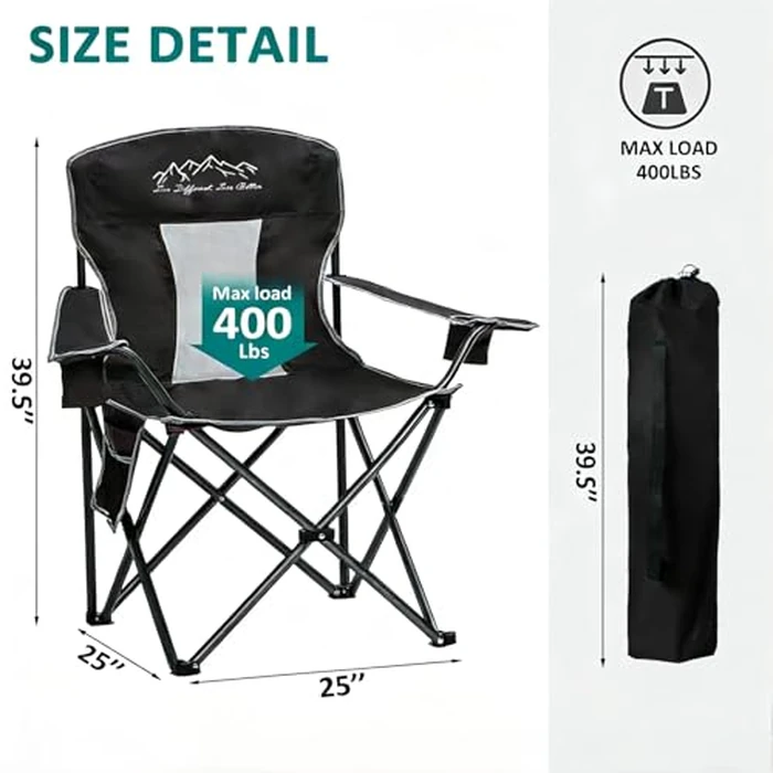 SAILARY 2PCS Collapsible Folding Camping Chairs Heavy Duty Lawn Foldable Chair with Cooler Bag, Storage Pocket, Waterproof Bag Outdoor Arm Sport Chair, Supports 325LBS, Black by SAILARY - Image 3