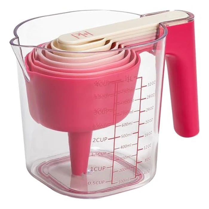 Paris Hilton 9-Piece Measuring Set, Durable Plastic Measuring Cups and Spoons With Funnel and Leveler, Dishwasher Safe, Pink by Paris Hilton - Used - Very Good condition