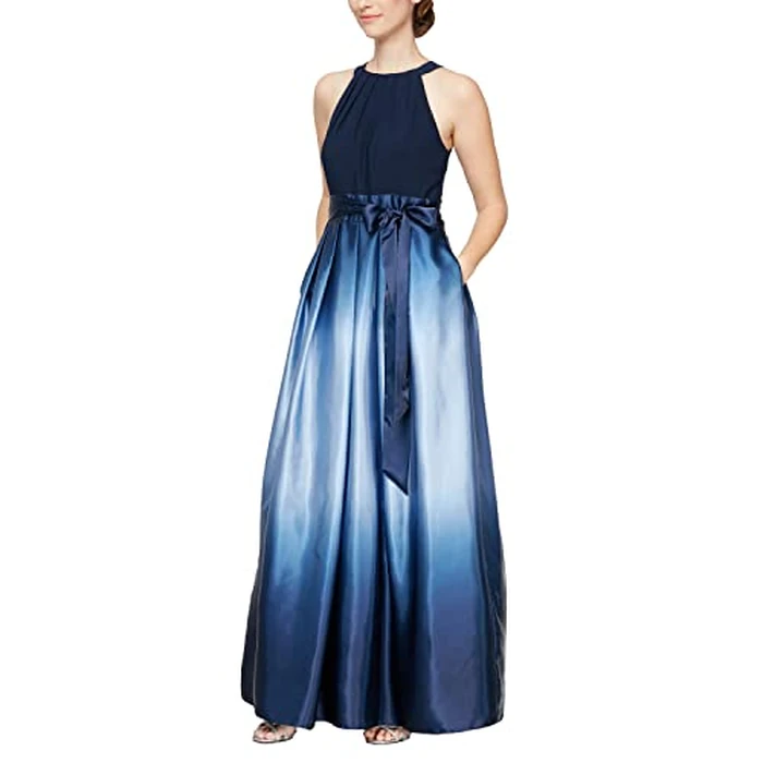 S.L. Fashions Women's Long Satin Mother of the Bride Dress with Pockets, Formal Party Gown (Petite and Regular Sizes), New Navy Wedgewood, 16 by S.L. Fashions - Image 1