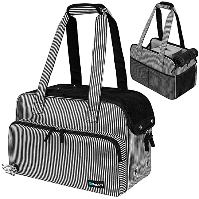 PetAmi Small Dog Purse Carrier, Soft-Sided Pet Carrier Bag with Pockets, Portable Puppy Cat Travel Handbag Tote, Airline Approved Breathable Mesh, Poop Bag Dispenser, Max 18 lbs, Stripe Black by PetAmi - Image 1