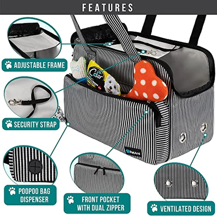 PetAmi Small Dog Purse Carrier, Soft-Sided Pet Carrier Bag with Pockets, Portable Puppy Cat Travel Handbag Tote, Airline Approved Breathable Mesh, Poop Bag Dispenser, Max 18 lbs, Stripe Black by PetAmi - Image 3
