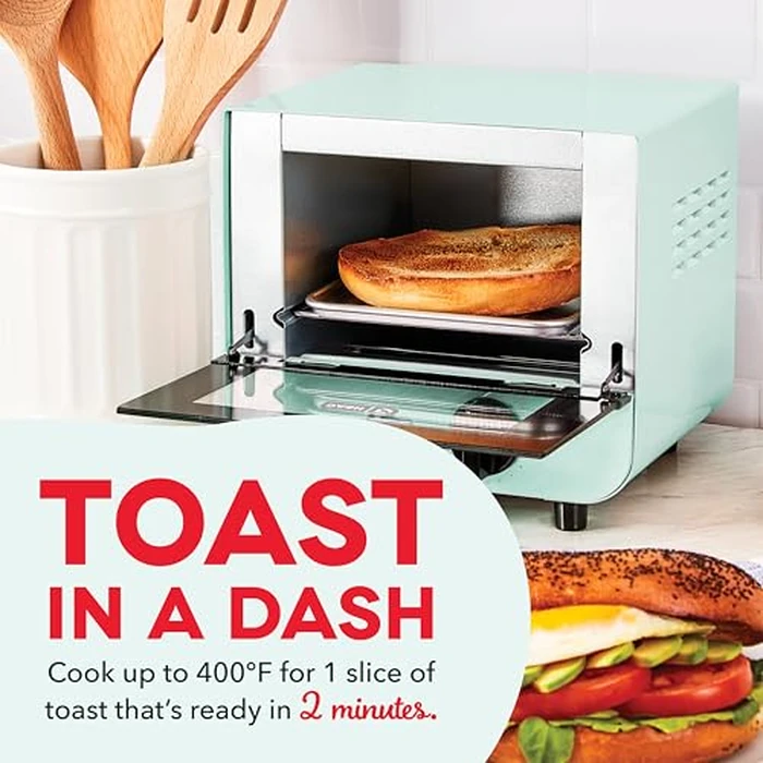 Dash Mini Toaster Oven - Sleek & Stylish - For Creative Homemade Treats - Compact, Space-Saving Design - adjustable temperature dial - Removable Baking Tray - Aqua by DASH - Image 3