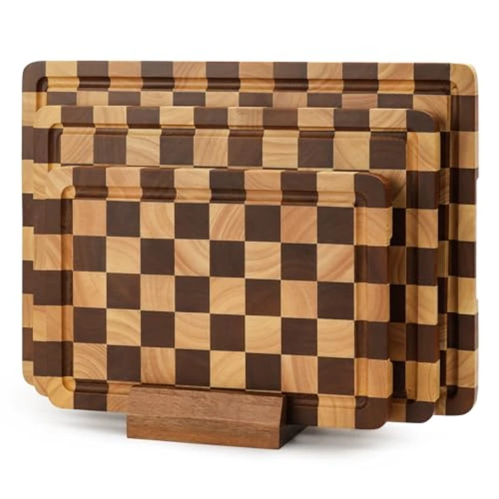 WILLKOMMEN Checkered Cutting Board Set, 3-Piece Wood Checkerboard End Grain Chopping Boards with Holder & Juice Groove Wooden Kitchen Cutting Board for Cooking and Serving (S, M, L) by WILLKOMMEN - Used - Like New condition