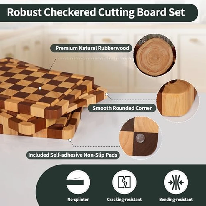 WILLKOMMEN Checkered Cutting Board Set, 3-Piece Wood Checkerboard End Grain Chopping Boards with Holder & Juice Groove Wooden Kitchen Cutting Board for Cooking and Serving (S, M, L) by WILLKOMMEN - Image 2