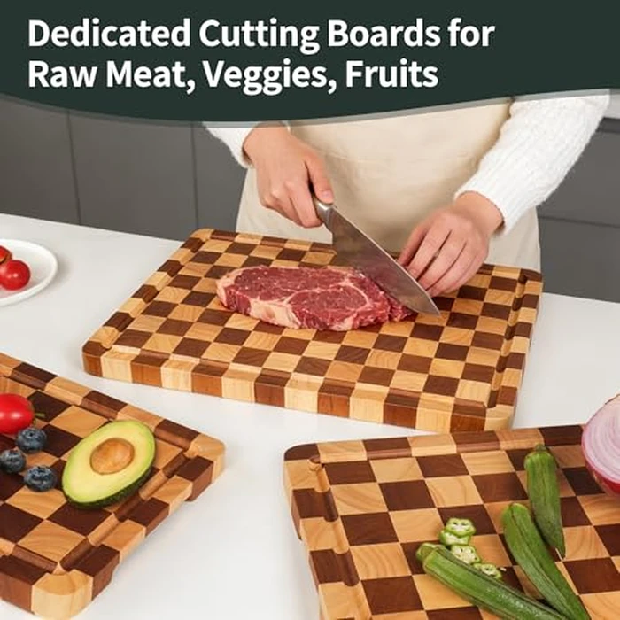 WILLKOMMEN Checkered Cutting Board Set, 3-Piece Wood Checkerboard End Grain Chopping Boards with Holder & Juice Groove Wooden Kitchen Cutting Board for Cooking and Serving (S, M, L) by WILLKOMMEN - Image 3