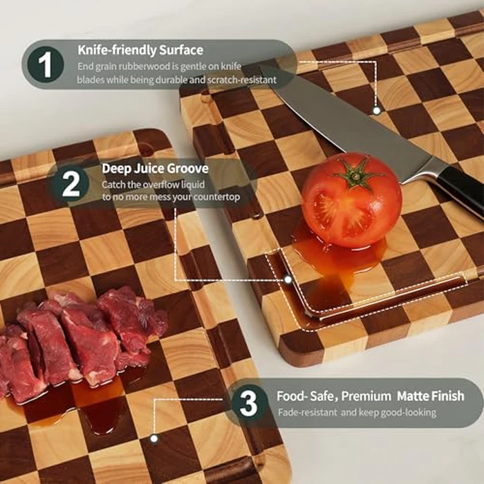 WILLKOMMEN Checkered Cutting Board Set, 3-Piece Wood Checkerboard End Grain Chopping Boards with Holder & Juice Groove Wooden Kitchen Cutting Board for Cooking and Serving (S, M, L) by WILLKOMMEN - Image 4