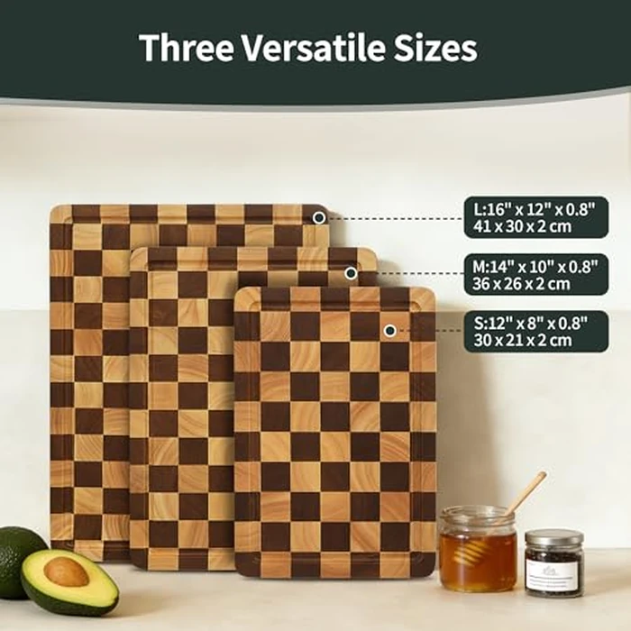 WILLKOMMEN Checkered Cutting Board Set, 3-Piece Wood Checkerboard End Grain Chopping Boards with Holder & Juice Groove Wooden Kitchen Cutting Board for Cooking and Serving (S, M, L) by WILLKOMMEN - Image 5