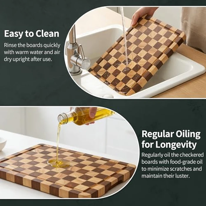 WILLKOMMEN Checkered Cutting Board Set, 3-Piece Wood Checkerboard End Grain Chopping Boards with Holder & Juice Groove Wooden Kitchen Cutting Board for Cooking and Serving (S, M, L) by WILLKOMMEN - Image 7