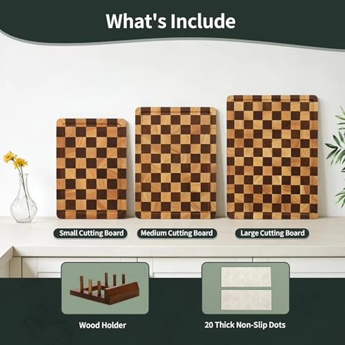 WILLKOMMEN Checkered Cutting Board Set, 3-Piece Wood Checkerboard End Grain Chopping Boards with Holder & Juice Groove Wooden Kitchen Cutting Board for Cooking and Serving (S, M, L) by WILLKOMMEN - Image 8