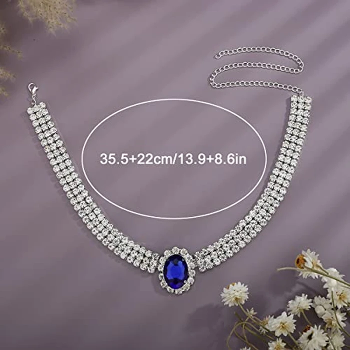 YERTTER Vintage Full Chunky Rhinestone Sapphire Charm Silver Chain Blue Crystal Pendant Collar Choker Necklace Adjustable Chain for Party Music Club Women (Silver 4) by YERTTER - Image 3