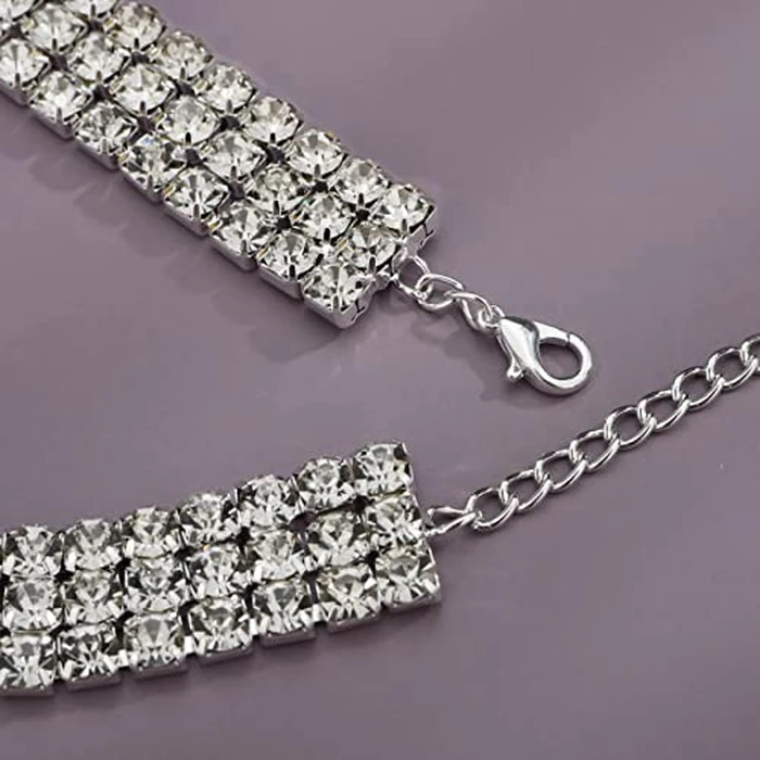 YERTTER Vintage Full Chunky Rhinestone Sapphire Charm Silver Chain Blue Crystal Pendant Collar Choker Necklace Adjustable Chain for Party Music Club Women (Silver 4) by YERTTER - Image 6