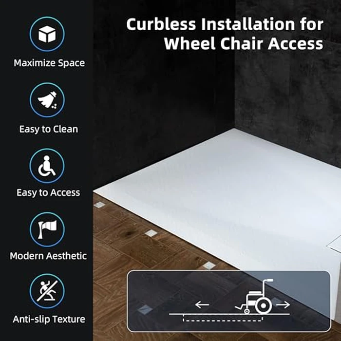 WOODBRIDGE 47.25 in L x 35.4 in W Zero Threshold End Drain Shower Base with Reversible Drain Placement, Matching Decorative Plate and Tile Flange, Wheel Chair Access, Low Profile, White by WOODBRIDGE - Image 4