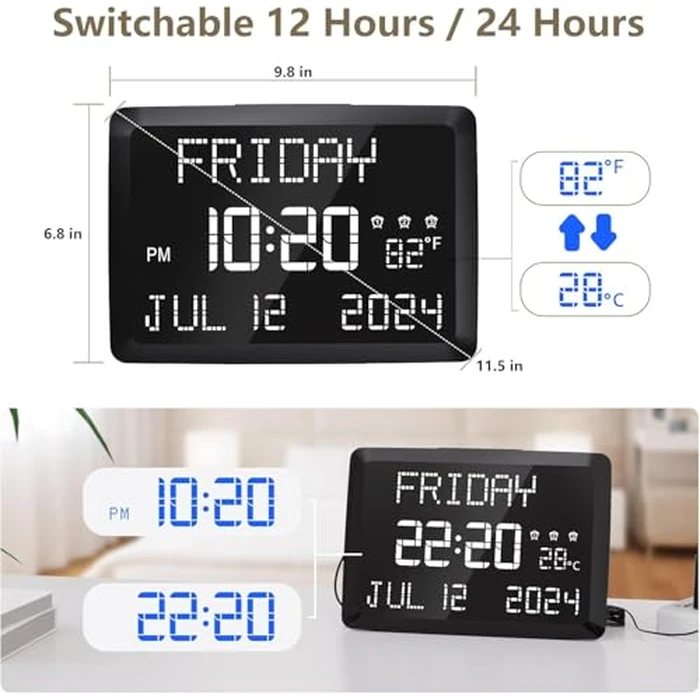 Raynic Digital Clock, 11.5" Large Display Calendar Clock with Day and Date, Indoor Temperature, Adjustable Brightness, Snooze,12/24H, DST for Home, Office, Elderly by Raynic - Image 2