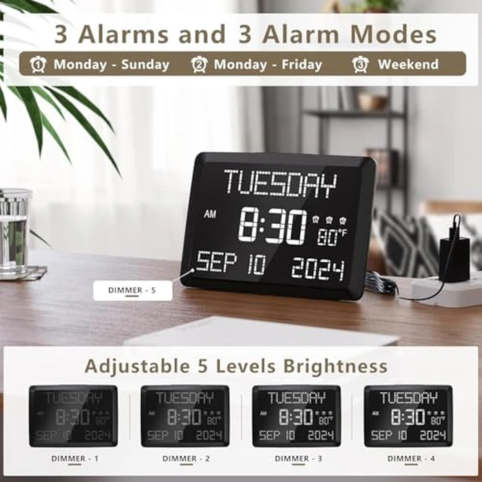 Raynic Digital Clock, 11.5" Large Display Calendar Clock with Day and Date, Indoor Temperature, Adjustable Brightness, Snooze,12/24H, DST for Home, Office, Elderly by Raynic - Image 5
