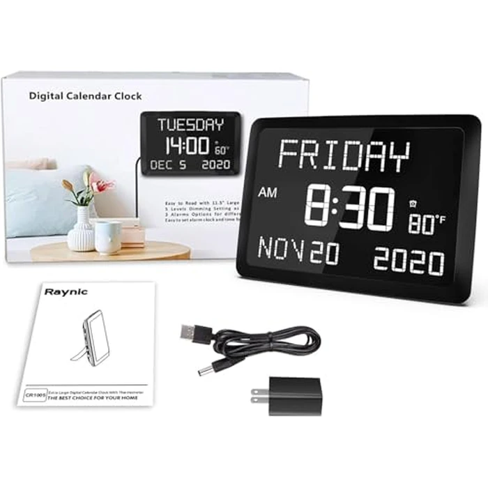 Raynic Digital Clock, 11.5" Large Display Calendar Clock with Day and Date, Indoor Temperature, Adjustable Brightness, Snooze,12/24H, DST for Home, Office, Elderly by Raynic - Image 7