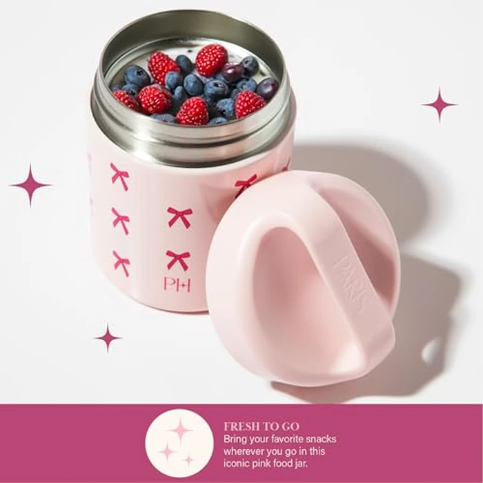 Paris Hilton Stainless Steel Food Jar, Double Wall Vacuum Sealed Insulated Food Storage Container with Carry Handle Lid, 12-Ounce, Pink with Bow Design by Paris Hilton - Image 4