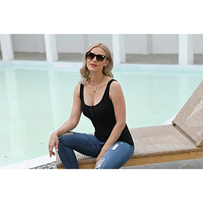 Deerludie & T Womens Scoop Neck Button Down Tank Tops Low Cut Solid Sexy Summer Sleeveless Basic Ribbed Tees Shirts B-Black L by Deerludie & T - Image 2