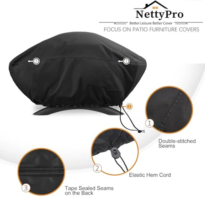NettyPro Grill Cover for Small Q Series, Waterproof Heavy Duty UV Resistant Portable Grill Cover for Q 1400/1000 Series and Baby Q Gas, Black by NettyPro - Image 4