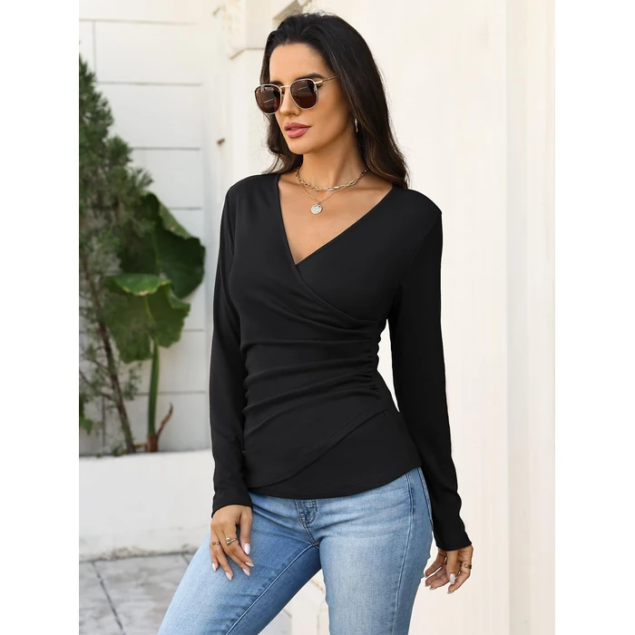 EasyGala Womens Wrap Long Sleeve Shirts Ruched Deep V Neck Tops Winter Sexy Dressy Slim Fit Fall Outfits Going Out Clothes 2026 Black Small by EasyGala - Image 4