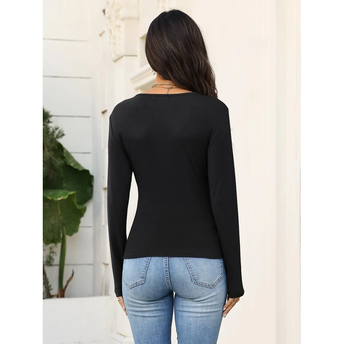 EasyGala Womens Wrap Long Sleeve Shirts Ruched Deep V Neck Tops Winter Sexy Dressy Slim Fit Fall Outfits Going Out Clothes 2026 Black Small by EasyGala - Image 6