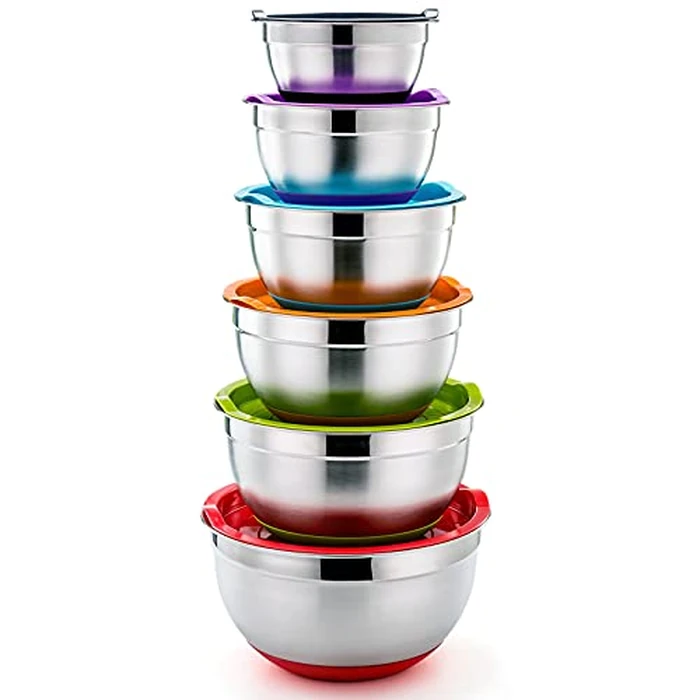 P&P CHEF Mixing Bowls With Lids, Set of 6, Stainless Steel Nesting Mixing Bowls & Fitting Lids & Non-Slip Silicone Bottom, Ideal for Mixing, Storing, Size 0.7/1/1.5/2.5/3/4.6 Qt, Multicolor by P&P CHEF - Used - Very Good condition - US$21.43