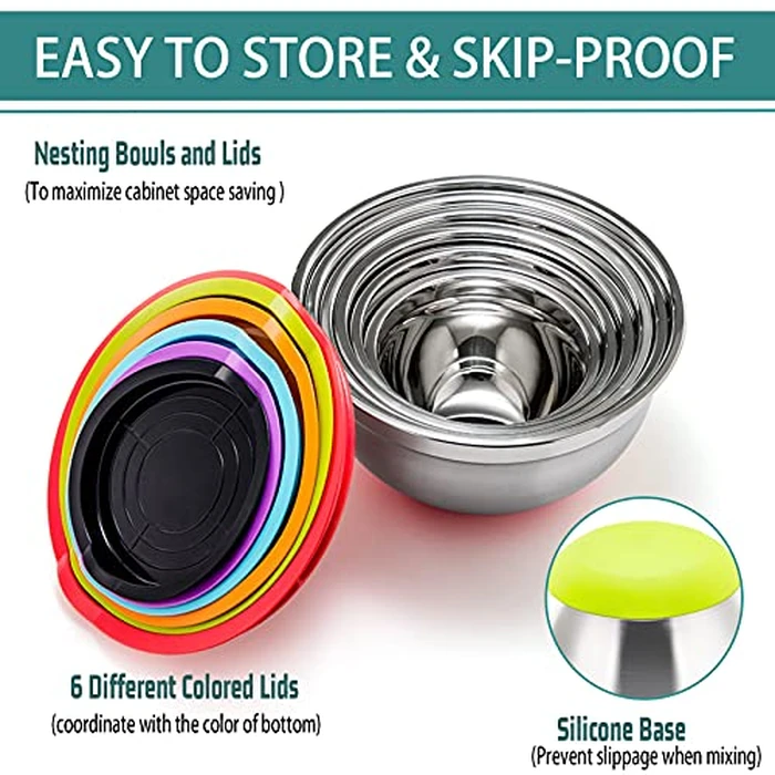 P&P CHEF Mixing Bowls With Lids, Set of 6, Stainless Steel Nesting Mixing Bowls & Fitting Lids & Non-Slip Silicone Bottom, Ideal for Mixing, Storing, Size 0.7/1/1.5/2.5/3/4.6 Qt, Multicolor by P&P CHEF - Image 2