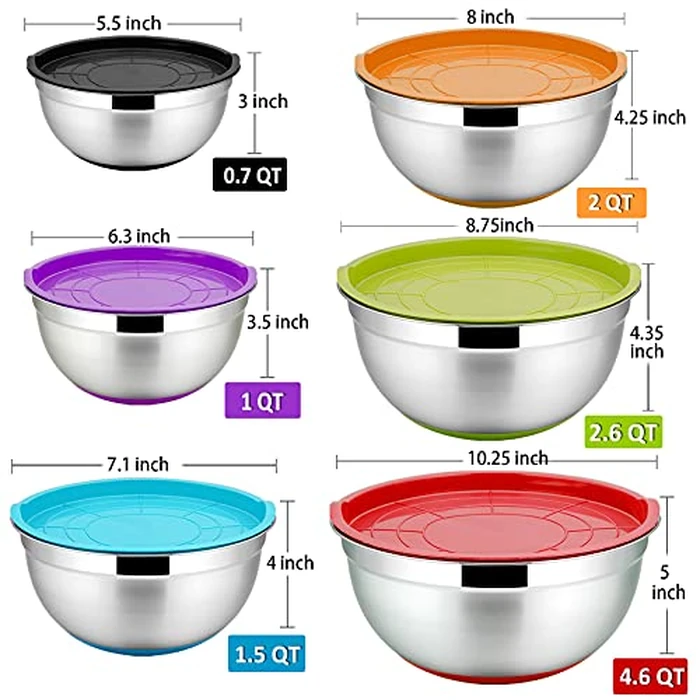 P&P CHEF Mixing Bowls With Lids, Set of 6, Stainless Steel Nesting Mixing Bowls & Fitting Lids & Non-Slip Silicone Bottom, Ideal for Mixing, Storing, Size 0.7/1/1.5/2.5/3/4.6 Qt, Multicolor by P&P CHEF - Image 3
