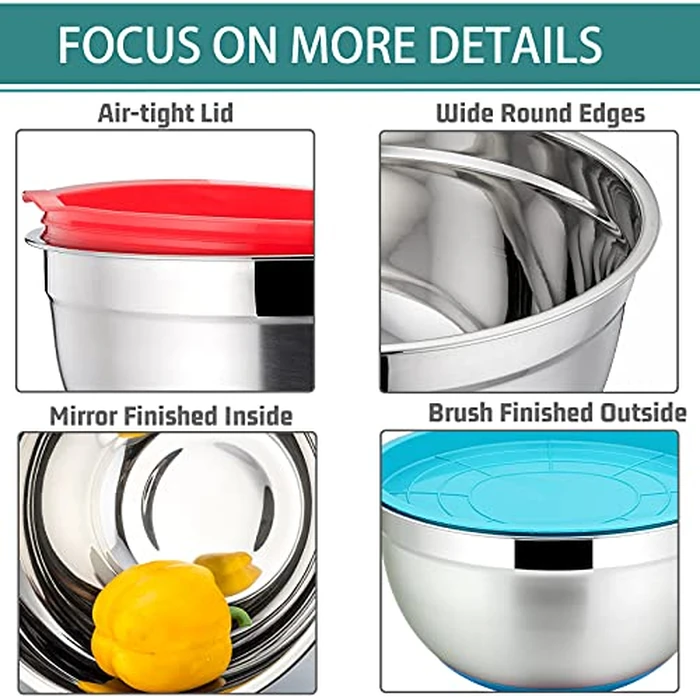 P&P CHEF Mixing Bowls With Lids, Set of 6, Stainless Steel Nesting Mixing Bowls & Fitting Lids & Non-Slip Silicone Bottom, Ideal for Mixing, Storing, Size 0.7/1/1.5/2.5/3/4.6 Qt, Multicolor by P&P CHEF - Image 6