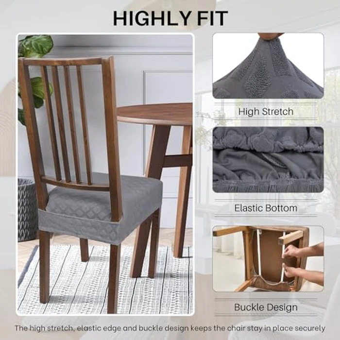SearchI Stretch Dining Chair Seat Covers Set of 6, Soft Removable Washable Seat Covers for Dining Chairs, Dining Room Seat Cover Slipcover Protector (Rear-Covered, Grey Diamond Jacquard) by SearchI - Image 2